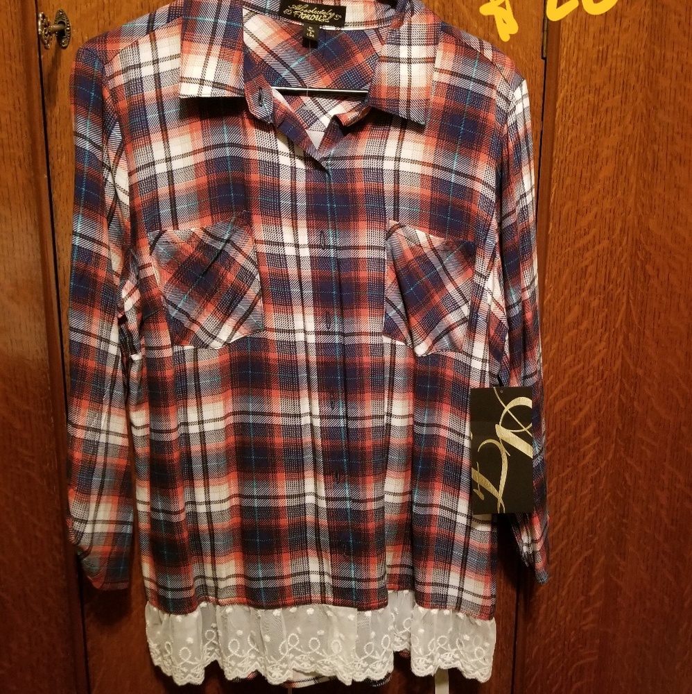 Super cute plaid shirt with lace trim